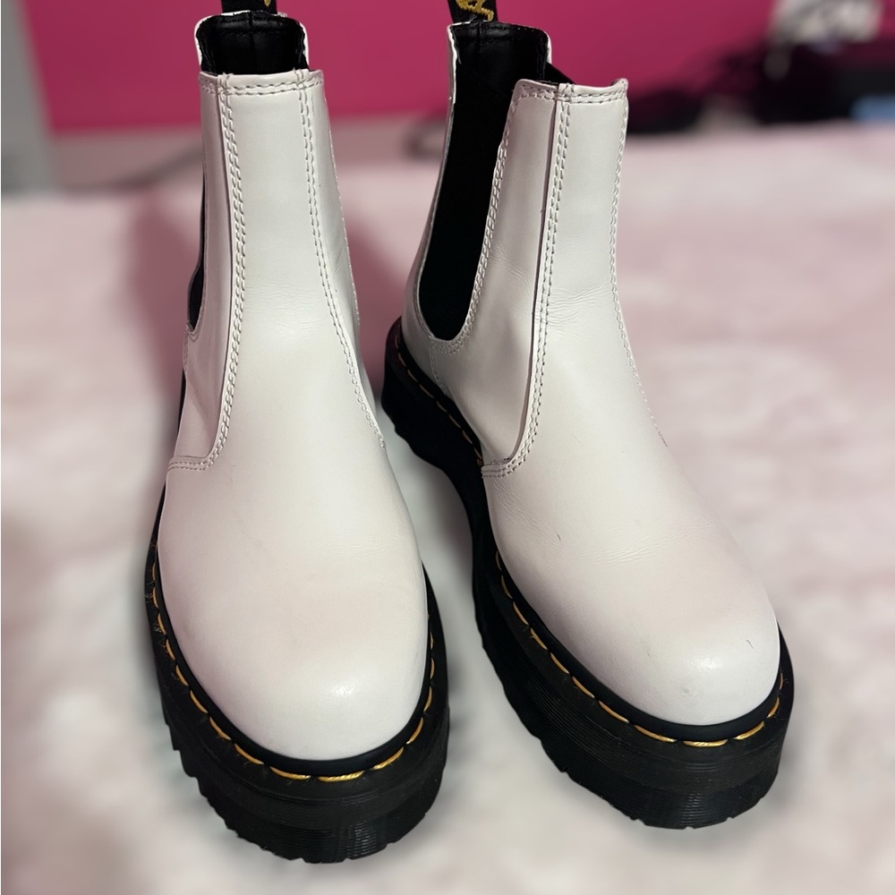 Dr. Martens Black Lug Sole Boots with White Upper Accents